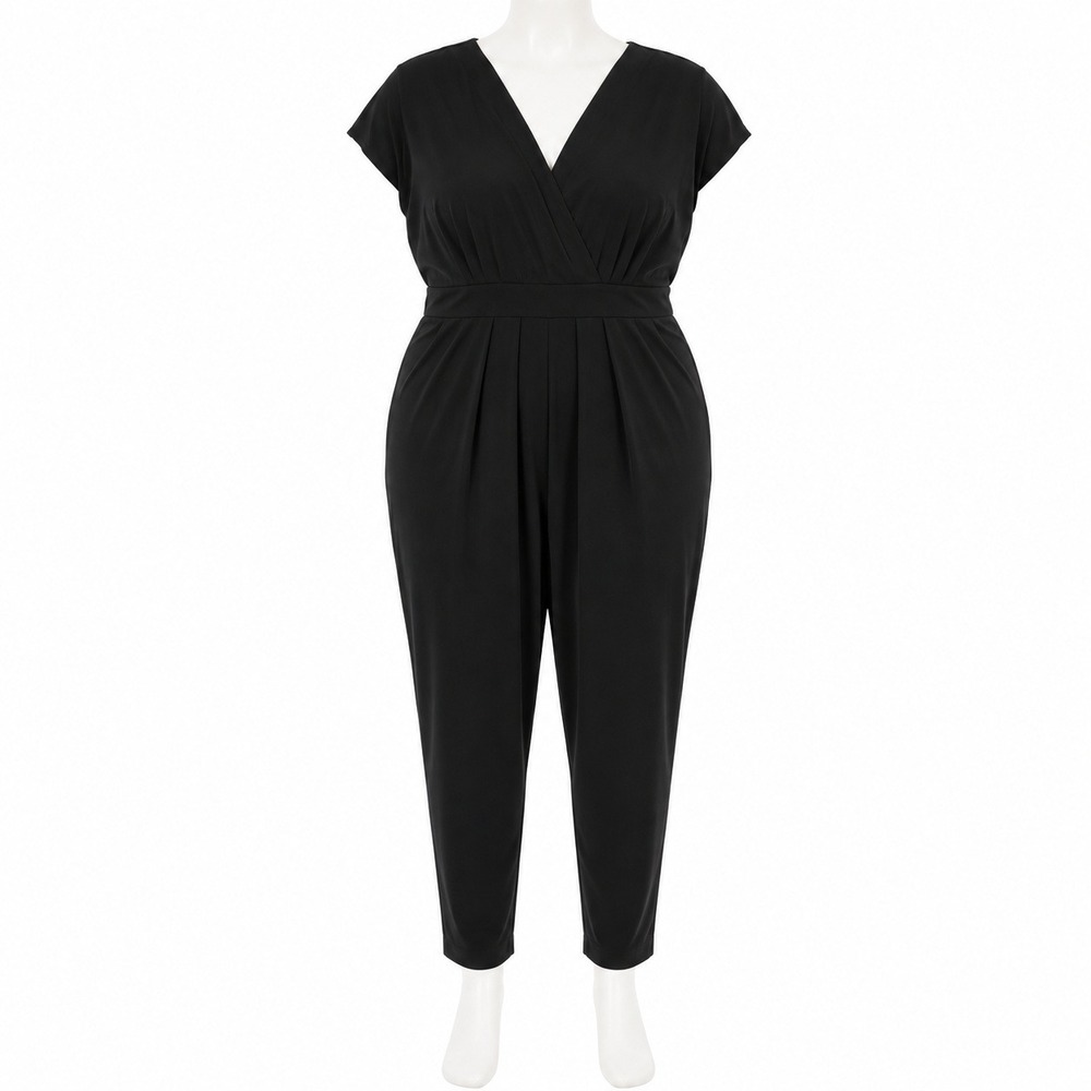 City Chic Jumpsuit Women S/16 Black V-Neck Cap Sleeve Pleated Tapered Leg Pocket